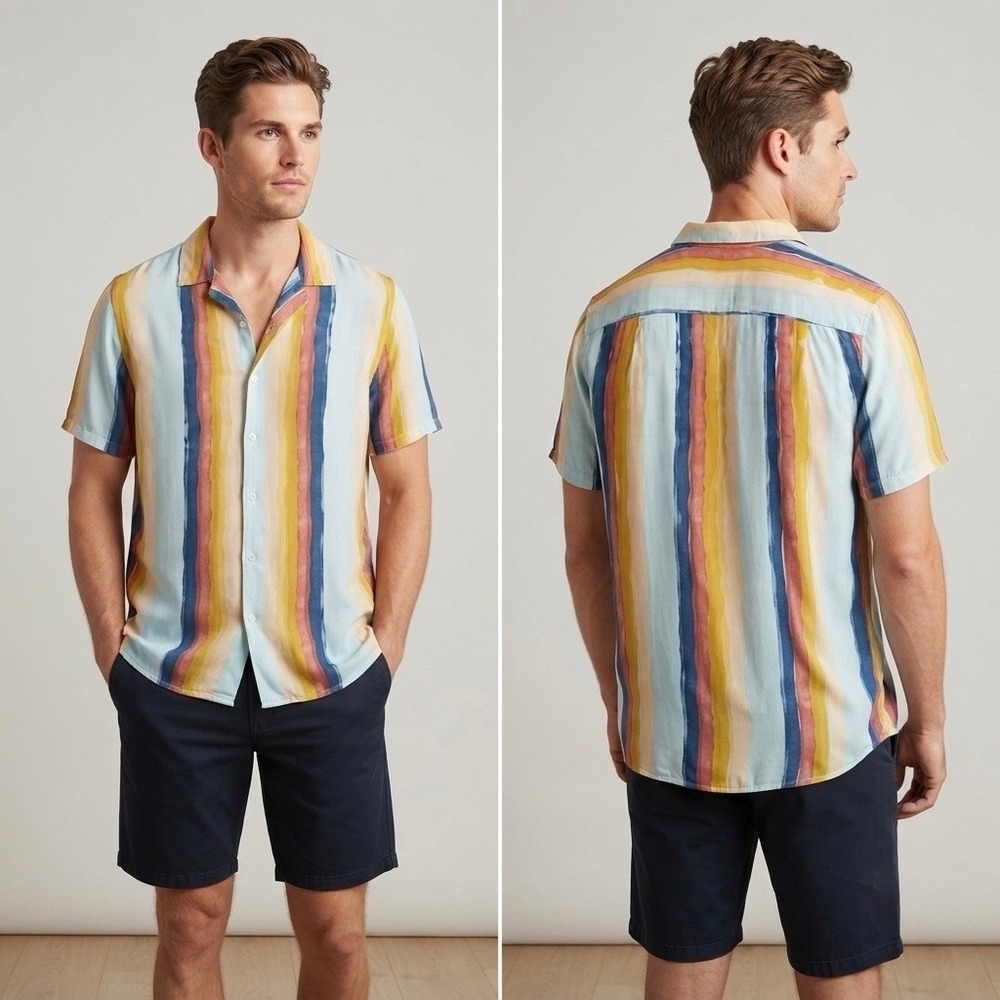 Original Use Men's Camp Shirt Medium Blue Yellow Striped Short Sleeve Button Up